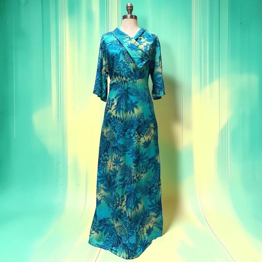 Tropical Lagoon Blue Teal Botanical Wrap Maxi Dress Maxi Muumuu XL
